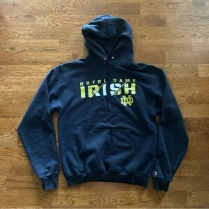 Notre Dame Champion Irish Sweatshirt Hoodie Navy Blue Pullover Hood S Cotton